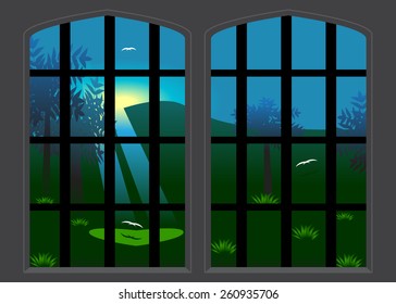  A view from the window on a garden with birds, trees and a shadow in the form of heart