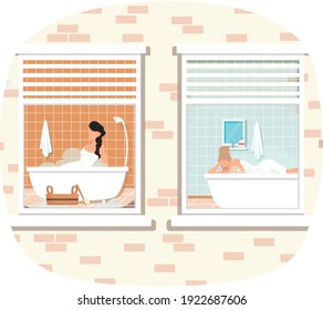 Ver desde la ventana a los hombres descansando en la sauna de vapor. Los hombres se están bañando. Personajes masculinos mintiendo y relajándose en aguas calientes. El diseño interior de los cuartos de baño es moderno. Concepto de piel y pelo limpiadores