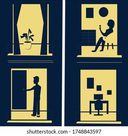 Ver desde la ventana de la casa monocroma.Ilustración de Adstract.Gente en su casa.