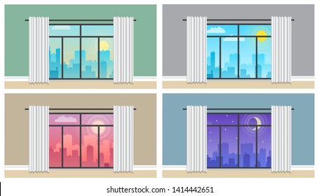 View from the window on the panorama of the city at different times of the day. Daytime cityscape morning, day and night city skyline landscape, town buildings in different time urban cityscape town