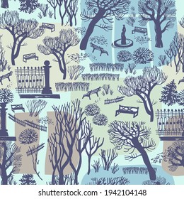 View from the window on winter landscape with trees, benches and fountain in the courtyard of the house or square. Modern doodle seamless pattern. For baby design, fabric, wallpaper, packaging.