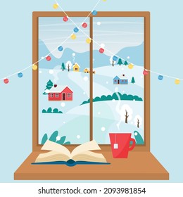View from the window on a winter landscape with fields, houses and trees. Vector flat illustration with an open book and a cup of tea on the windowsill.