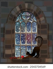 Blick vom Fenster auf eine Winterstraße, Vektorgrafik