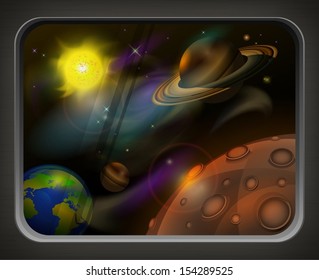 View from window to open space, planets, sun and star, vector illustration