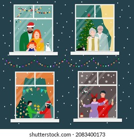 View from the window outside, people celebrating Christmas at home, happy families, fun, holiday. Vector illustration.