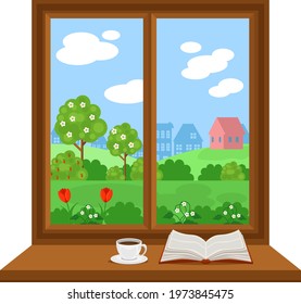 View from the window to the park and the street. Vector illustration.