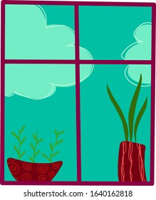 The view from the window with plants on the windowsill, on the clouds. Suitable for postcards. Vector.