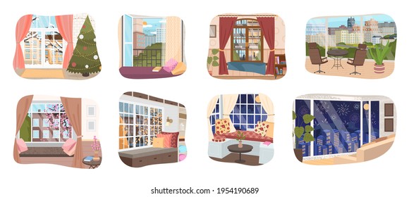 View from the window scenes set at different times of the year. Living room or office interior