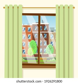 View from the window to the spring city, Blooming trees with young foliage, birds have arrived. Spring outside the window. Modern flat cartoon style vector illustration.