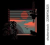 View from the window to the sunset or sunrise inside a cozy house with a cat looking out the window at the birds. Dream mountain landscape and trees. A shadow from the sun falls on flowers. Vector.