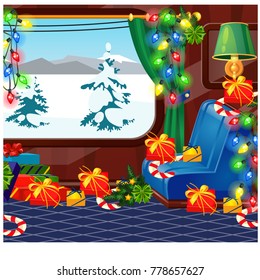 View from window of a train decorated in Christmas style. Gift boxes with ribbon bow. Holiday trip and travel. Sample of poster, party invitation, festive card. Vector cartoon close-up illustration.