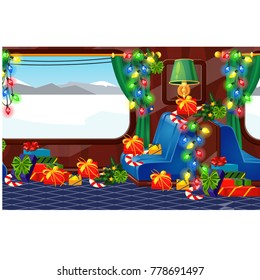 View from window of a train decorated in Christmas style. Gift boxes with ribbon bow. Holiday trip and travel. Sample of poster, party invitation, festive card. Vector cartoon close-up illustration.