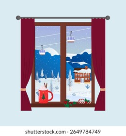 View from the window to the winter mountain landscape with snow, trees and ski lift. Hot drink in a cup, holly and candy cane decorations for Christmas. Winter festive atmosphere. Vector