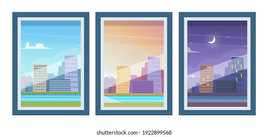 View From Windows. Day Time, Morning Evening Night Downtown. City Outside Vector Illustration