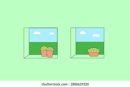 View from the windows. Flowerpots in the windows and landscape with clouds in the background.