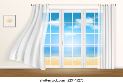 The view from the windows of the sea and the beach. Curtains fluttering in the wind.