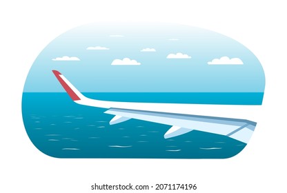 View of the wing of a jet plane flying over the sea. Vector illustration.