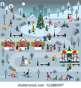 View of winter Christmas urban landscape. Winter people family set. Vector flat illustration