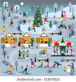 View Of Winter Christmas Urban Landscape. Winter People Family Set. Vector Flat Illustration