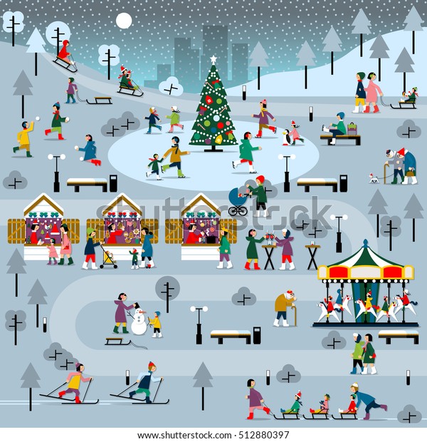冬のクリスマス都市の風景 冬の人々の家族セット ベクターフラットイラスト のベクター画像素材 ロイヤリティフリー
