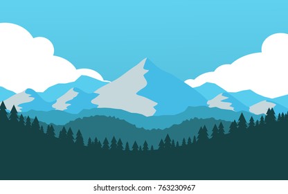 View of winter land scape with snow mountain , pine tree forest and many cloud for wallpaper, background, backdrop in blue-green cold color tone