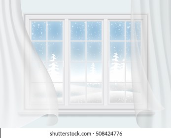 View of the winter landscape through a window with transparent curtains. Interior wall of the living room.