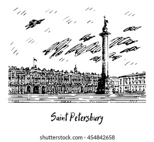 View of Winter Palace and Alexander Column on Palace Square in St. Petersburg, Russia. Sketch by hand. Vector illustration. 