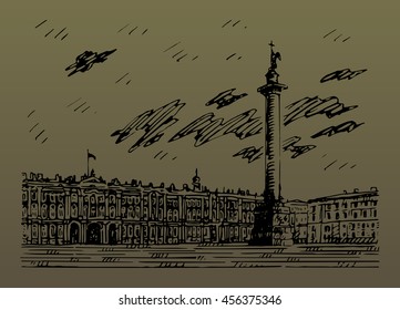 View of Winter Palace and Alexander Column on Palace Square in St. Petersburg, Russia. Sketch by hand. Vector illustration. 