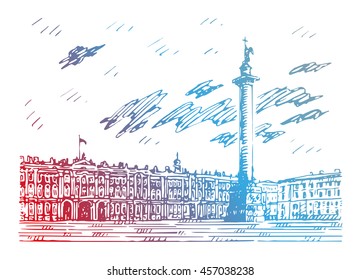 View of Winter Palace and Alexander Column on Palace Square in St. Petersburg, Russia. Sketch by hand. Vector illustration. 
