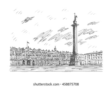 View of Winter Palace and Alexander Column on Palace Square in Saint Petersburg, Russia. Sketch by hand. Vector illustration. 