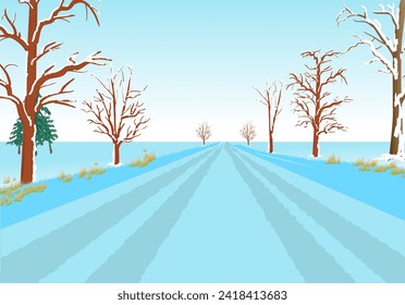 View of a winter road with snowy trees and car tracks. Vector illustration.