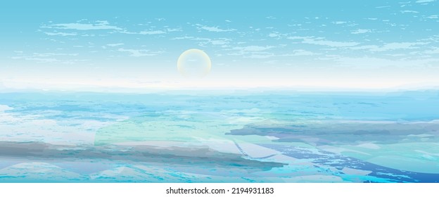 View of the winter sea banner, ice, glaciers, panorama.Vector illustration, watercolor style, concept for card, poster, flyer, print. Melting ice- global warming. 