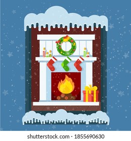 View from a winter snowy street into a room with a blazing Cristmas fireplace. Xmas and fire, home decoration, interior for celebration. Flat vector cartoon illustration.