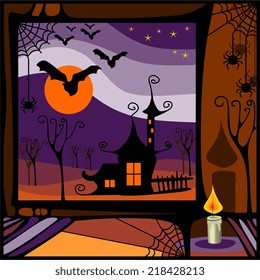View of witch house in the night out the window. Perfect illustration for Halloween holiday.