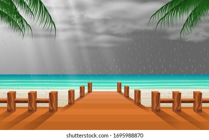 view of wooden bridge on the beach in the rain day