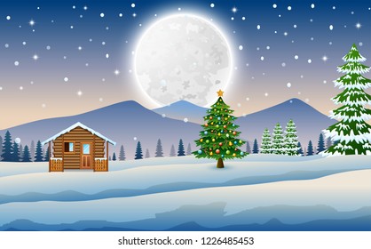 View of wooden houses and christmas trees in winter landscape