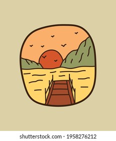 view of the wooden pier on the beach with a hill behind it for t-shirt designs, tee designs, glasses, smart phone case, and other design needs