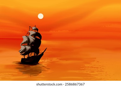 view of a wooden sailing ship at sea at sunset