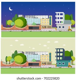 View of the yard. Night and day versions. Flat style vector illustration.