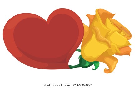 Vista de rosa amarilla unida a un corazón rojo. Diseño en estilo de caricatura, aislado sobre fondo blanco.