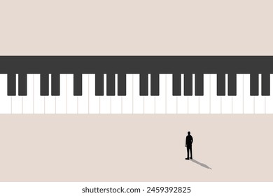 view of young businessman standing front abstract piano keys. Music, show business concept