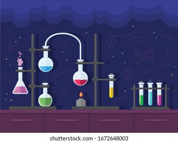 A view of a young chemist's table with flasks and beakers filled with various substances, and formulas in the background.