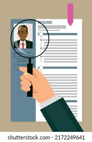 View your resume with a magnifying glass. Job hunting, job hunting. An illustration. Black man.