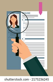 View your resume with a magnifying glass. Job hunting, job hunting. An illustration. Asian women.