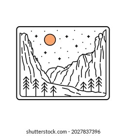 View of Zion National Park with starry sky in mono line art, patch badge design, emblem design, T-Shirt Design