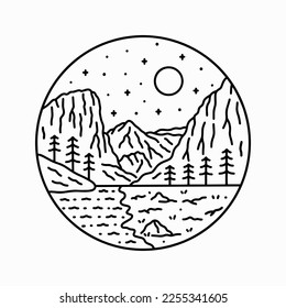 View of Zion National Park with starry sky in mono line art