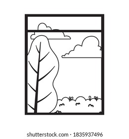 viewed window landscape tree grass sky isolated design white background vector illustration