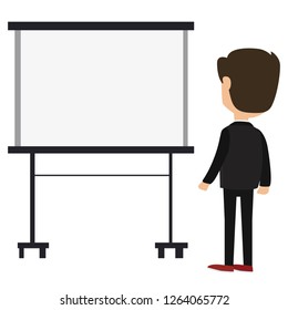 Viewer listener audience business man salesman worker person standing back watching a blank empty screen white board