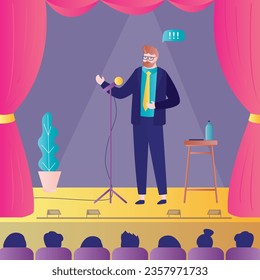 Viewers looking stand up show. Comedy show. Male comic telling funny stories, jokes in front of live audience. Stand up comedian male character performing on theatre stage with microphone. flat vector