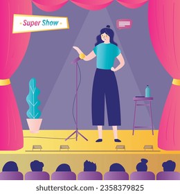 Viewers looking stand up show. Comedy show. Woman comic telling funny stories, jokes in front of live audience. Stand up comedian female character performing on theatre stage with microphone. vector